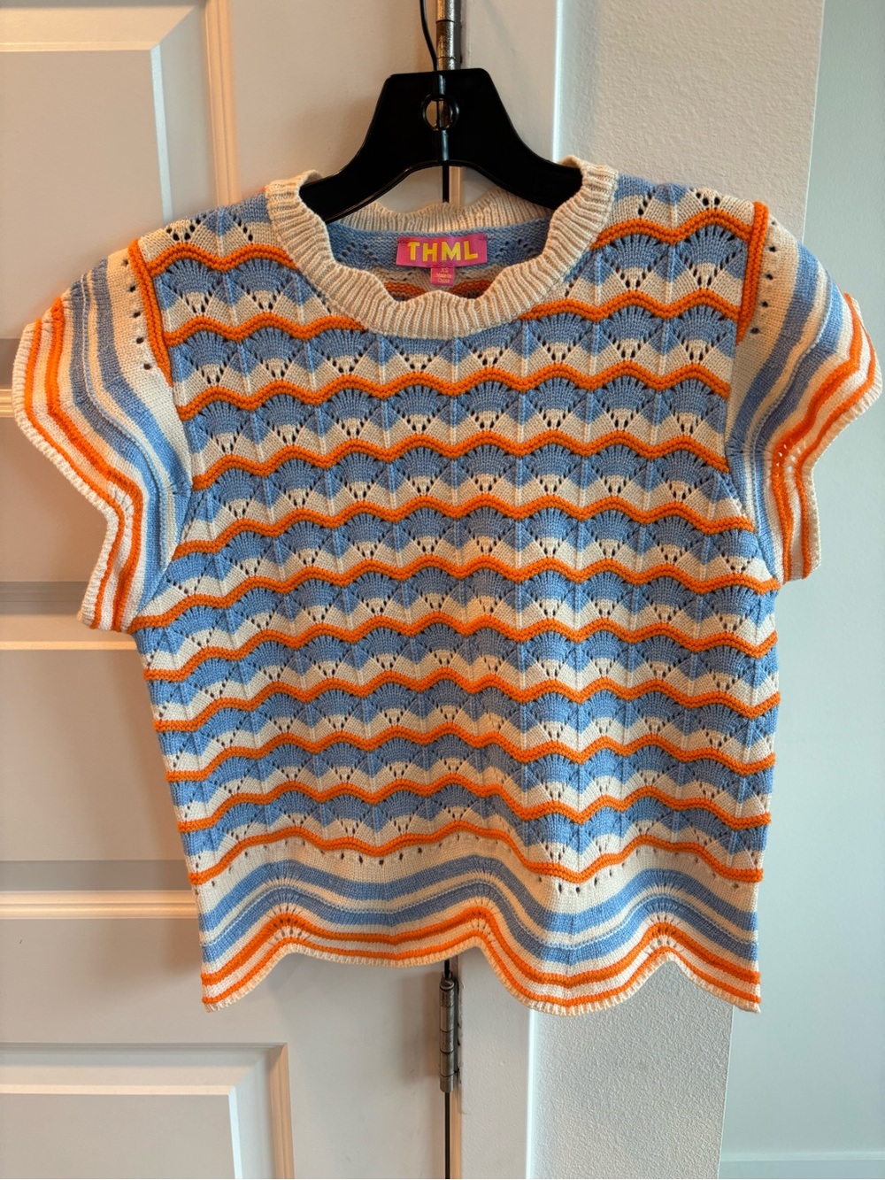 THML Girls' Short Sleeve Knit Top in Blue, Orange & Cream XS